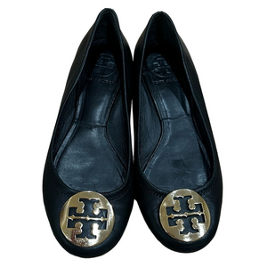 Tory Burch Reva Black Leather Ballet Flats Gold Logo Medalion - Size 6